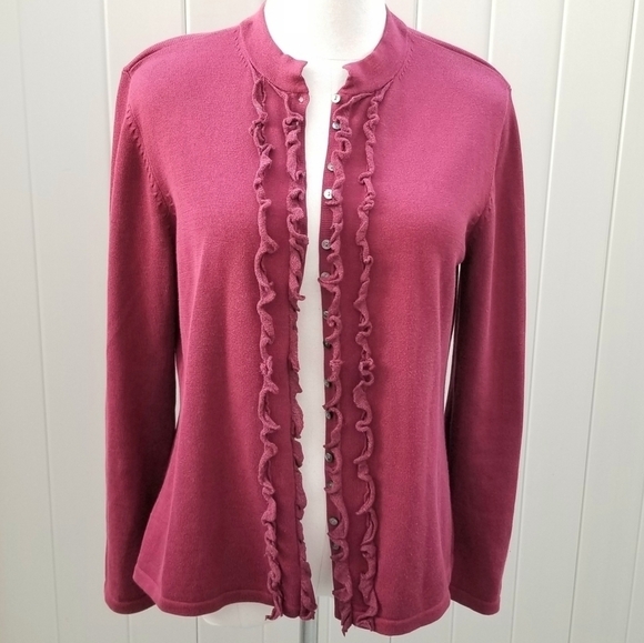 J. Jill Sweaters - J. Jill Cherry Ruffled Buttondown Cardigan Sweater, Medium Petite